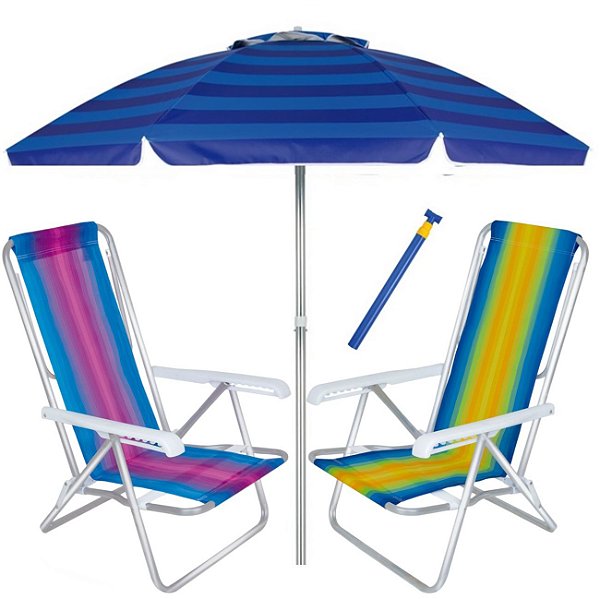 Kit Praia 2 Cadeira Reclinável 8 Pos Alum + Guarda Sol 2,4m + Saca areia - Mor - Azul Listrado