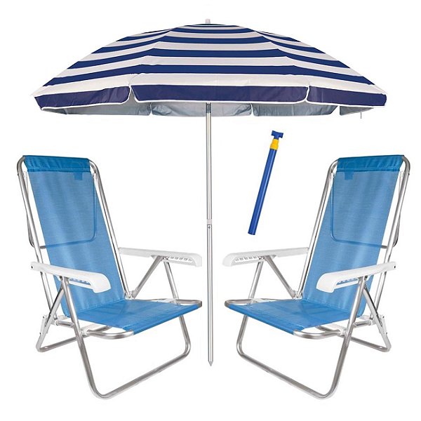 Kit Praia 2 Cadeira Reclinável Sannet Alum + Guarda Sol 2,4m Alum + Saca Areia - Mor - Azul