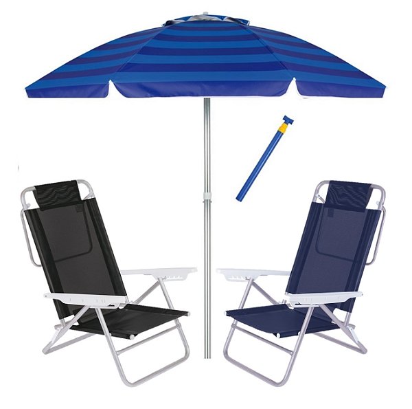 Kit Praia 2 Cadeira Summer Reclinável 6 Pos + Guarda Sol 2,4m + Saca Areia - Mor - Azul Listrado