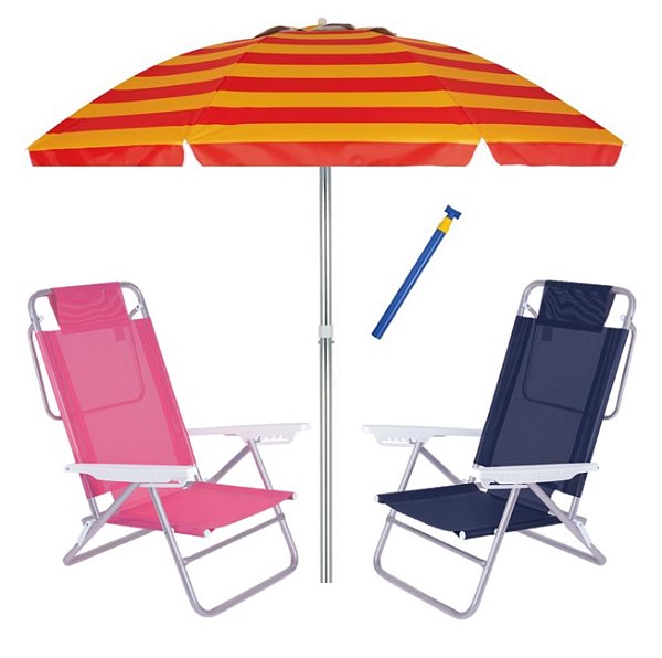 Kit Praia 2 Cadeira Summer Reclinável 6 Pos + Guarda Sol 2,4m + Saca Areia - Mor - Laranja Listrado
