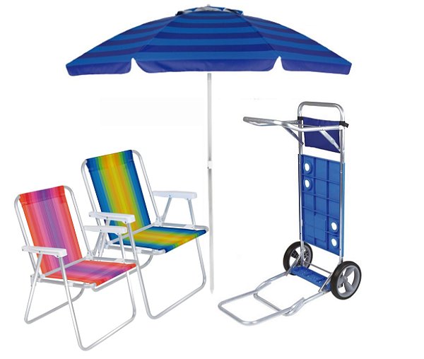 Kit Praia Carrinho Com Avanço + 2 Cadeira Alta Aluminio + Guarda Sol 2,4m - Mor - Azul