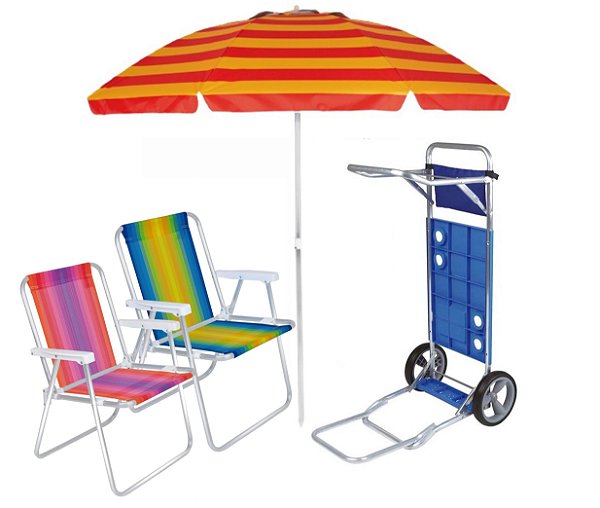 Kit Praia Carrinho Com Avanço + 2 Cadeira Alta Aluminio + Guarda Sol 2,4m - Mor - Vermelho