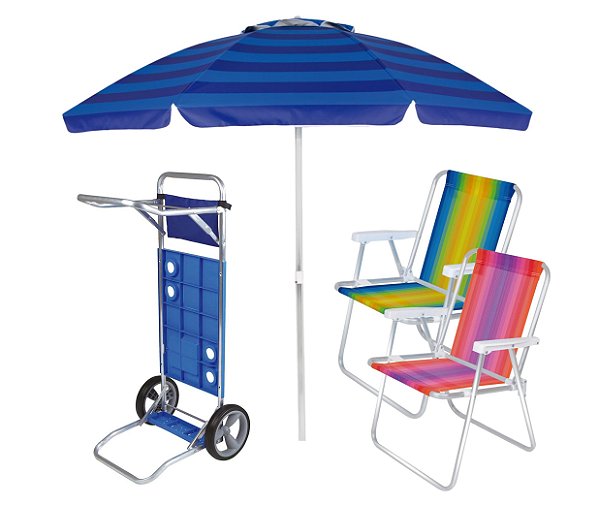 Kit Praia Carrinho De Praia + 2 Cadeira Alta Alumínio + Guarda Sol 2,4m Articulado - Mor - Azul