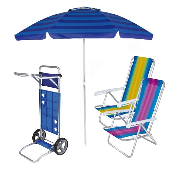 Kit Praia Carrinho De Praia + 2 Cadeira Reclinável 8 Pos Alum + Guarda Sol 2,4 Metros- Mor - Azul