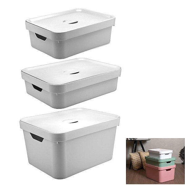 Kit 3 Caixa Organizadora Grande Cesto Com Tampa Roupa Brinquedo Plástico Cube - KTE 004 Ou - Branco