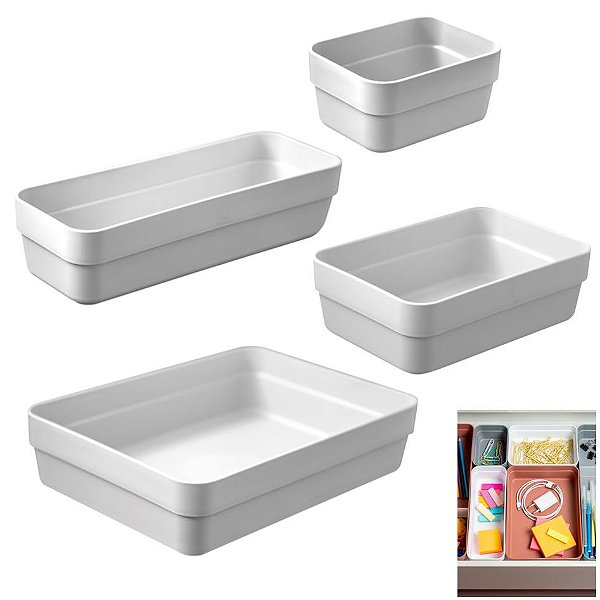 Kit 4 Organizador De Gavetas Plástico Cozinha Quarto Multiuso Objetos - KTE 001 Ou - Branco