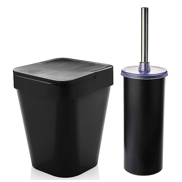 Kit Banheiro Suporte Escova Sanitária Vaso + Lixeira 5 Litros Lavabo - Ou - Preto