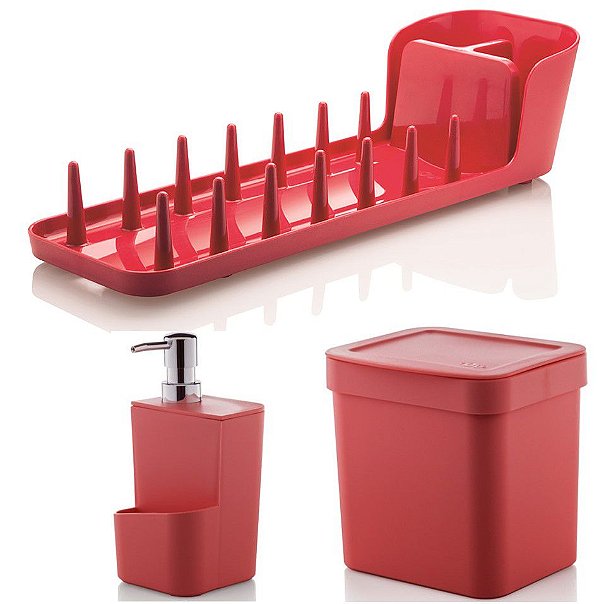 Kit Cozinha Escorredor De Louças Prático + Porta Dispenser Detergente + Lixeira 2,5L - Ou - Vermelho