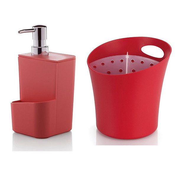 Kit Cozinha Dispenser Porta Detergente + Escorredor Suporte Talheres Pia - Ou - Vermelho