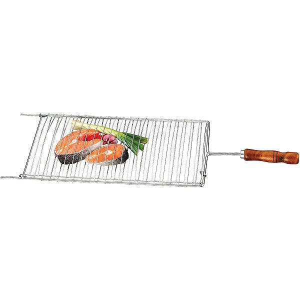 Grelha Dupla Aramado Churrasco 82x27cm Aço Assado Peixe Carne Cabo Madeira - 264 Future