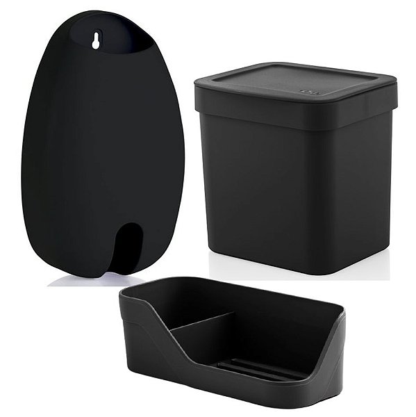 Kit Cozinha Organizador Pia Detergente + Dispenser Porta Sacolas + Lixeira 2,5L - Ou - Preto