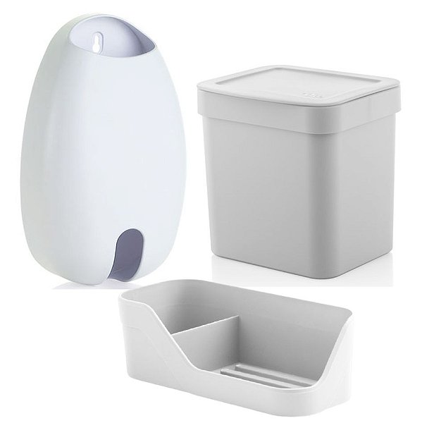 Kit Cozinha Organizador Pia Detergente + Dispenser Porta Sacolas + Lixeira 2,5L - Ou - Branco