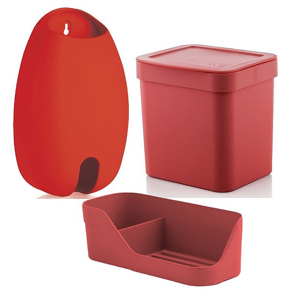 Kit Cozinha Organizador Pia Detergente + Dispenser Porta Sacolas + Lixeira 2,5L - Ou - Vermelho