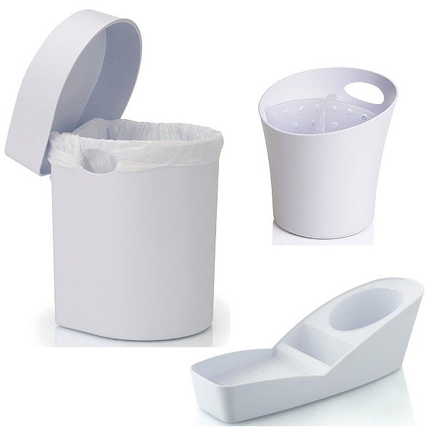 Kit Cozinha Organizador Pia Porta Detergente + Lixeira 3,5L + Escorredor Talheres - Ou - Branco