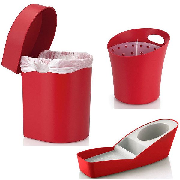 Kit Cozinha Organizador Pia Porta Detergente + Lixeira 3,5L + Escorredor Talheres - Ou - Vermelho