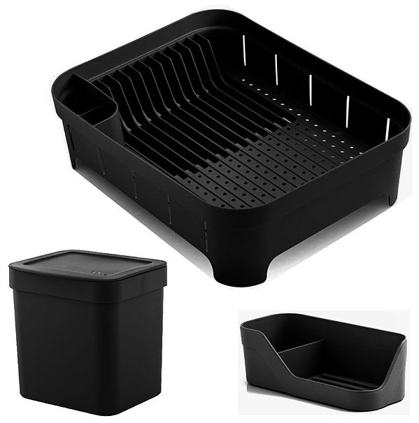 Kit Cozinha Trium Escorredor De Louças + Lixeira 2,5L + Porta Detergente - Ou - Preto