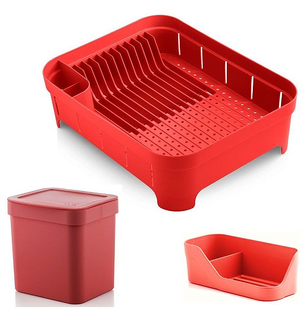 Kit Cozinha Trium Escorredor De Louças + Lixeira 2,5L + Porta Detergente - Ou - Vermelho