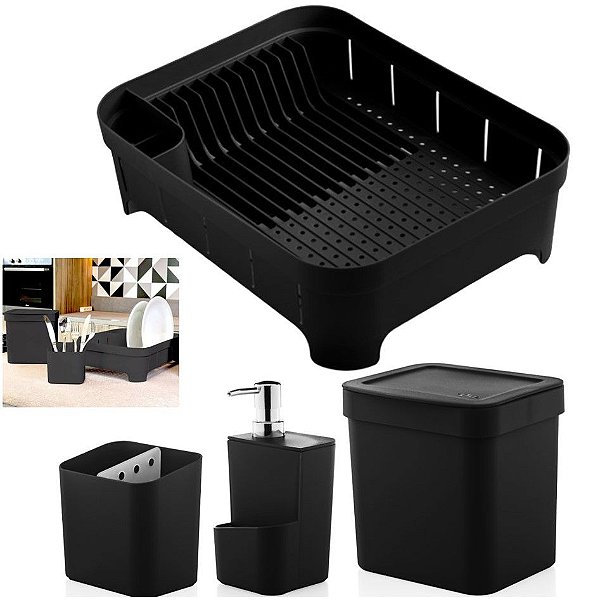 Kit Cozinha Trium Escorredor Louça + Porta Talheres + Dispenser Detergente + Lixeira - Ou - Preto