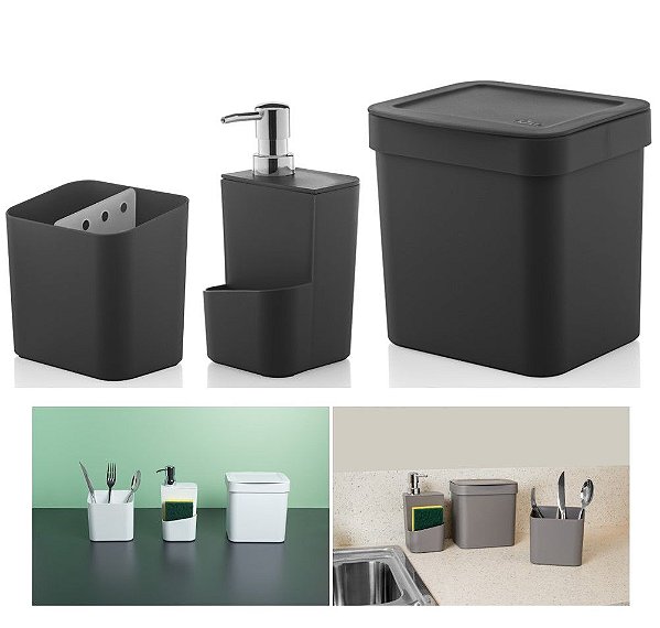 Kit Cozinha Trium Escorredor Talheres + Dispenser Detergente + Lixeira - KTE 012 Ou - Preto