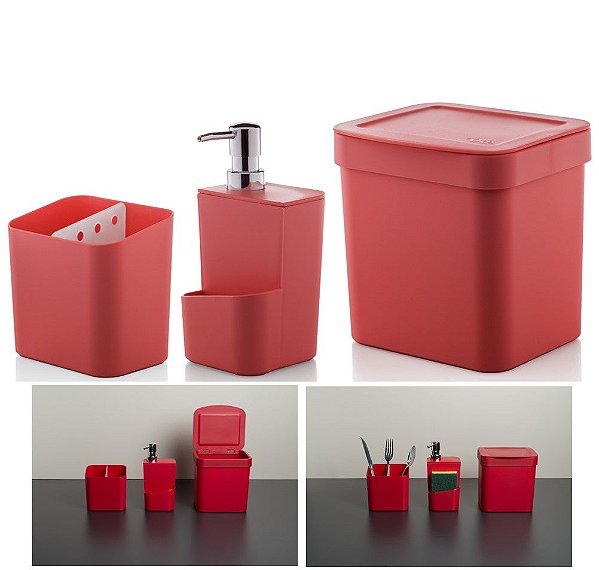 Kit Cozinha Trium Escorredor Talheres + Dispenser Detergente + Lixeira - KTE 012 Ou - Vermelho