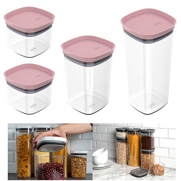 Kit 4 Potes Herméticos Porta Alimentos Mantimentos Com Tampa Cozinha Block- KTE 047 Ou - Rosa