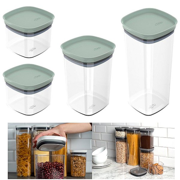 Kit 4 Potes Herméticos Porta Alimentos Mantimentos Com Tampa Cozinha Block- KTE 047 Ou - Verde Menta