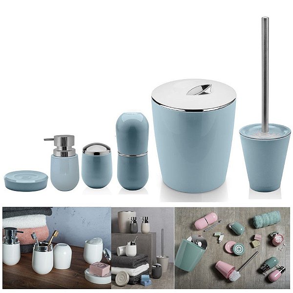 Kit 6pçs Banheiro Porta Escova / Algodão + Dispenser + Saboneteira + Lixeira + Escova Sanitária - Ou - Azul