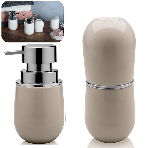 Kit Acessórios Banheiro Suporte Porta Escovas + Dispenser Porta Sabonete liquido - Ou - Bege