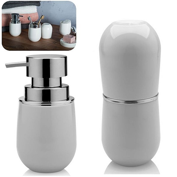 Kit Acessórios Banheiro Suporte Porta Escovas + Dispenser Porta Sabonete liquido - Ou - Branco