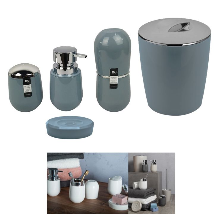 Kit Banheiro Belly Porta Escova + Dispenser + Suporte Algodão + Saboneteira + Lixeira - Ou - Azul