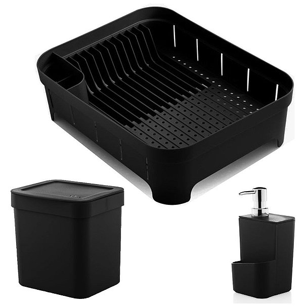 Kit Cozinha Trium Escorredor De Louças + Lixeira 2,5L + Dispenser Detergente - Ou - Preto