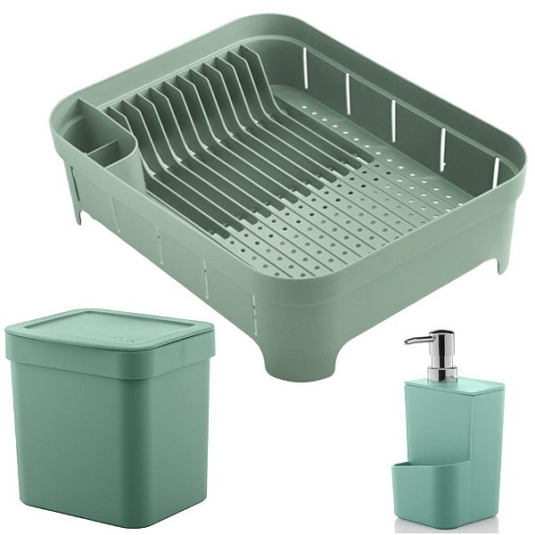 Kit Cozinha Trium Escorredor De Louças + Lixeira 2,5L + Dispenser Detergente - Ou - Verde Menta