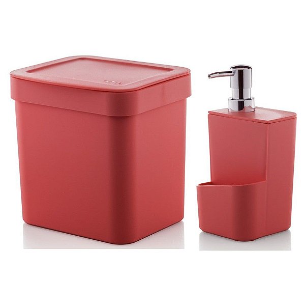 Kit Dispenser Porta Detergente 650ml + Lixeira 2,5 Litros Cozinha Trium - Ou - Vermelho