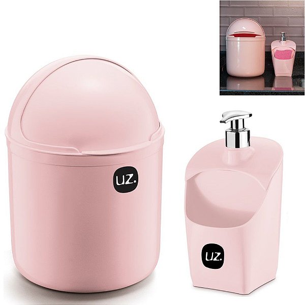 Kit Cozinha Lixeira 4 Litros Tampa Capacete + Dispenser Pia Porta Detergente - Uz - Rosa