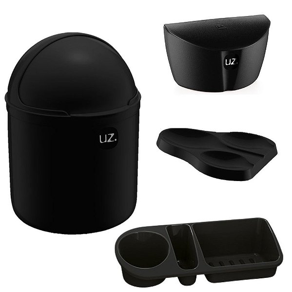 Kit Cozinha Lixeira 4L Capacete + Organizador Pia Detergente + Apoio Colher + Saleiro - Uz - Preto