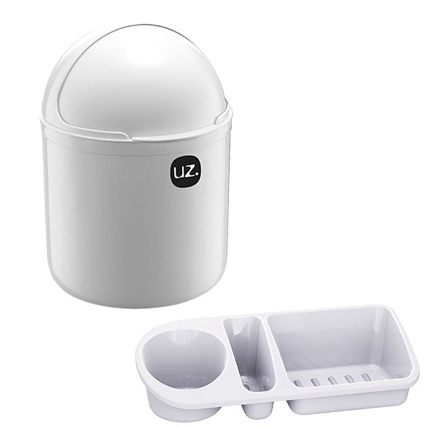 Kit Cozinha Lixeira 4L Tampa Capacete + Organizador Pia Porta Detergente - Uz - Branco