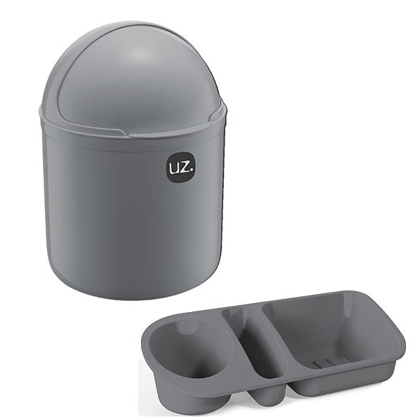 Kit Cozinha Lixeira 4L Tampa Capacete + Organizador Pia Porta Detergente - Uz - Cinza