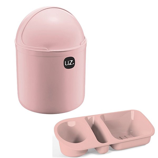 Kit Cozinha Lixeira 4L Tampa Capacete + Organizador Pia Porta Detergente - Uz - Rosa