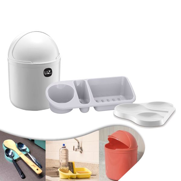 Kit Lixeira 4l Tampa Capacete + Organizador De Pia + Suporte Triplo Colher Talheres - Uz - Branco