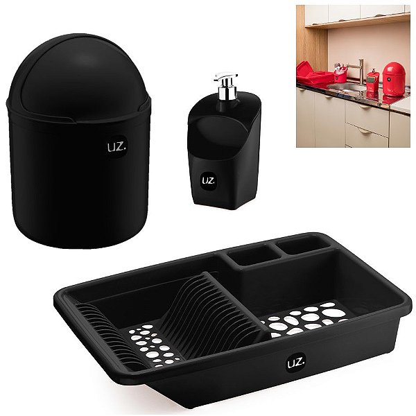 Kit Cozinha Lixeira 4L + Escorredor Louças Pratos + Dispenser Porta Detergente - Uz - Preto
