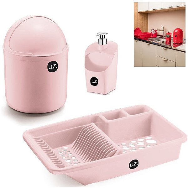 Kit Cozinha Lixeira 4L + Escorredor Louças Pratos + Dispenser Porta Detergente - Uz - Rosa