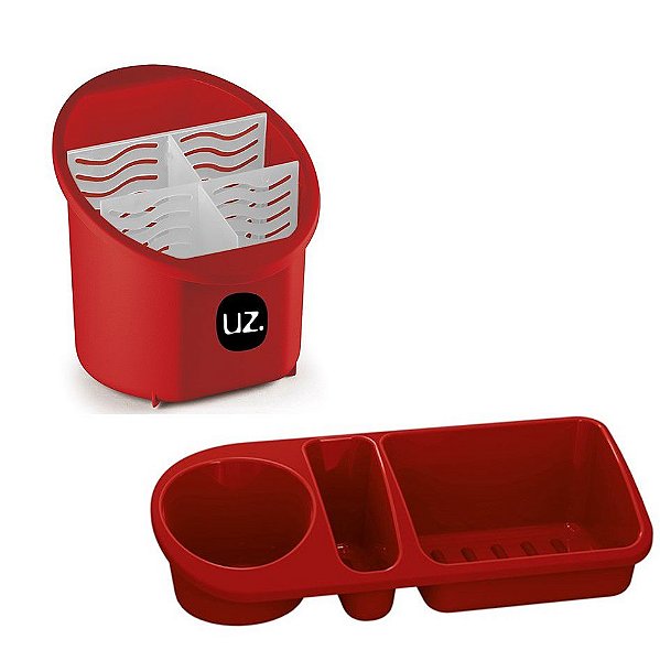Kit Escorredor Porta Talheres + Organizador Pia Porta Detergente Cozinha - Uz - Vermelho