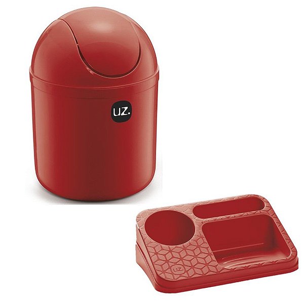 Kit Cozinha Lixeira 4L  Basculante + Organizador Pia Porta Detergente Líquido - Uz - Vermelho
