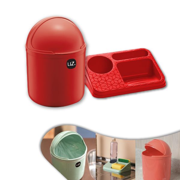 Kit Lixeira Plástica 4l Tampa Capacete + Organizador De Pia Detergente - Uz - Vermelho