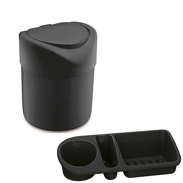 Kit Cozinha Lixeira 4L Tampa Manual + Organizador Pia Porta Detergente - Uz - Preto