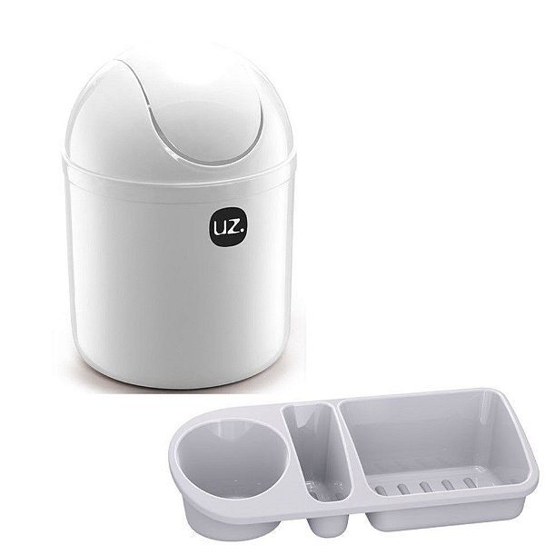 Kit Cozinha Lixeira 4L Tampa Basculante + Organizador Pia Porta Detergente - Uz - Branco