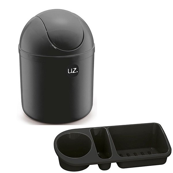 Kit Cozinha Lixeira 4L Tampa Basculante + Organizador Pia Porta Detergente - Uz - Preto