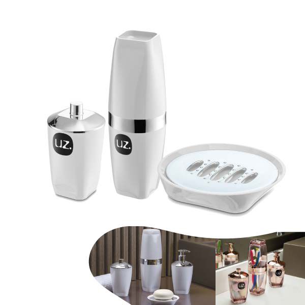 Kit Saboneteira Porta Sabonete + Suporte Algodão + Porta Escovas Dente Pia Banheiro Cromado - Uz - Branco