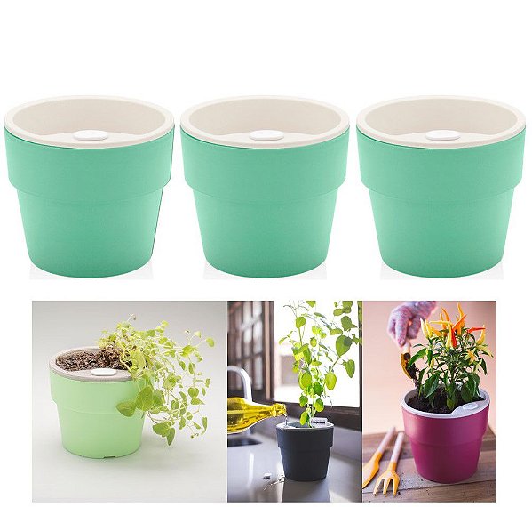 Kit Plantar 3 Vaso Autoirrigável Plantas Flor Tempero Jardim - KTE 021 Ou - Verde Menta