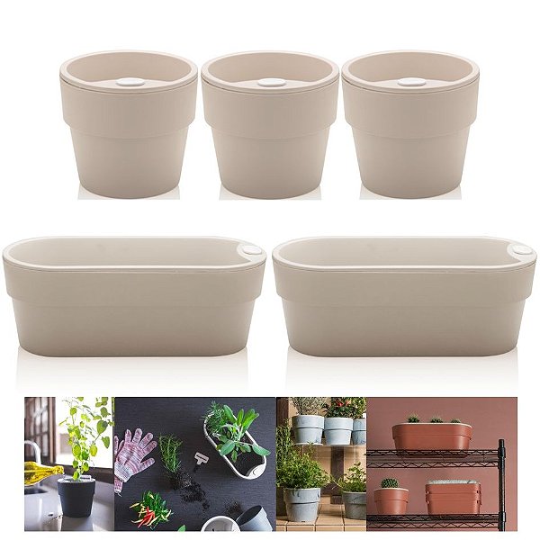 Kit Plantar 5 Vaso Autoirrigável Plantas Flor Tempero Jardim - Ou - Bege